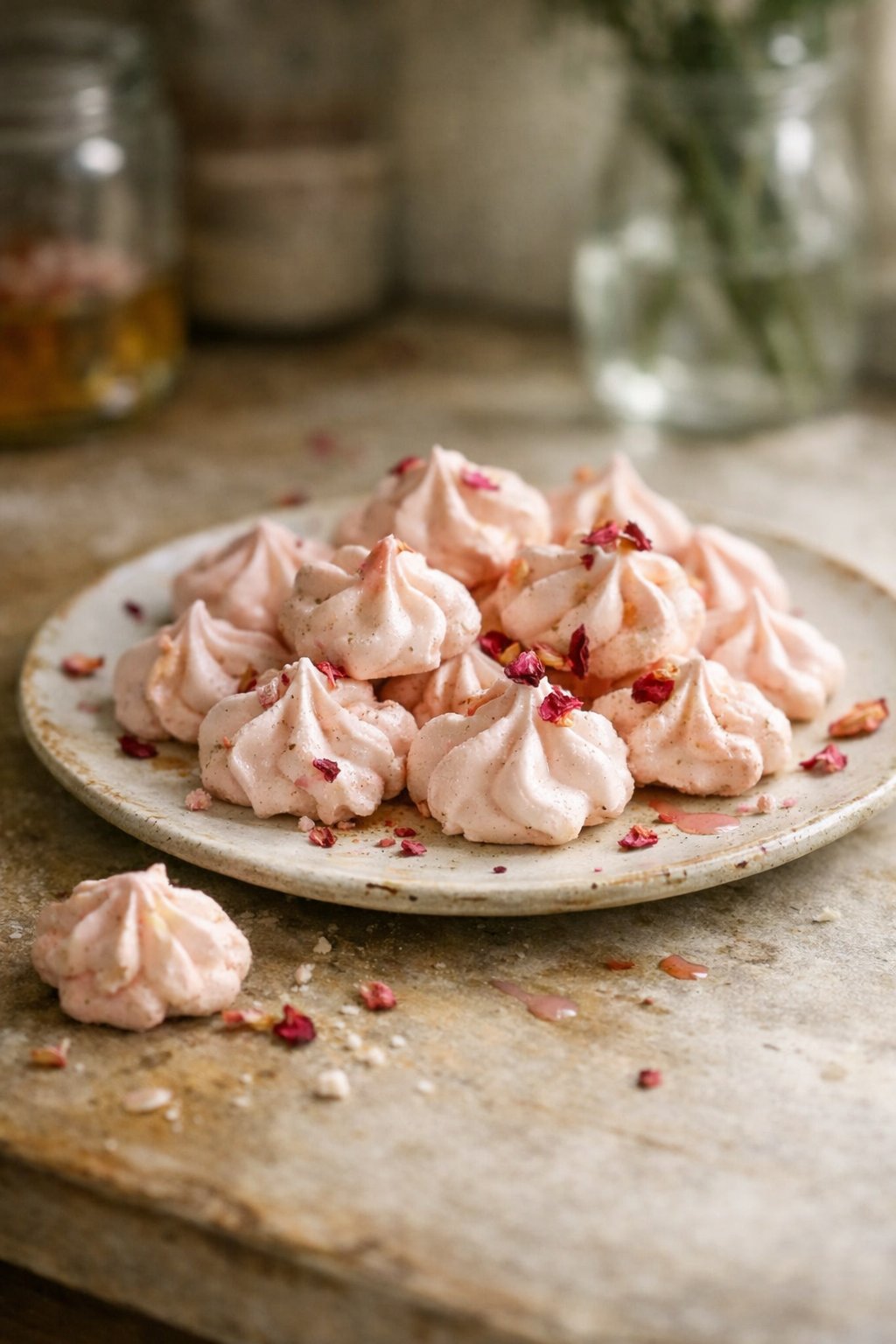 A plate of small rose-flavored mini meringue cookies on a worn wooden surface in a home kitchen, softly lit by window light from the side.