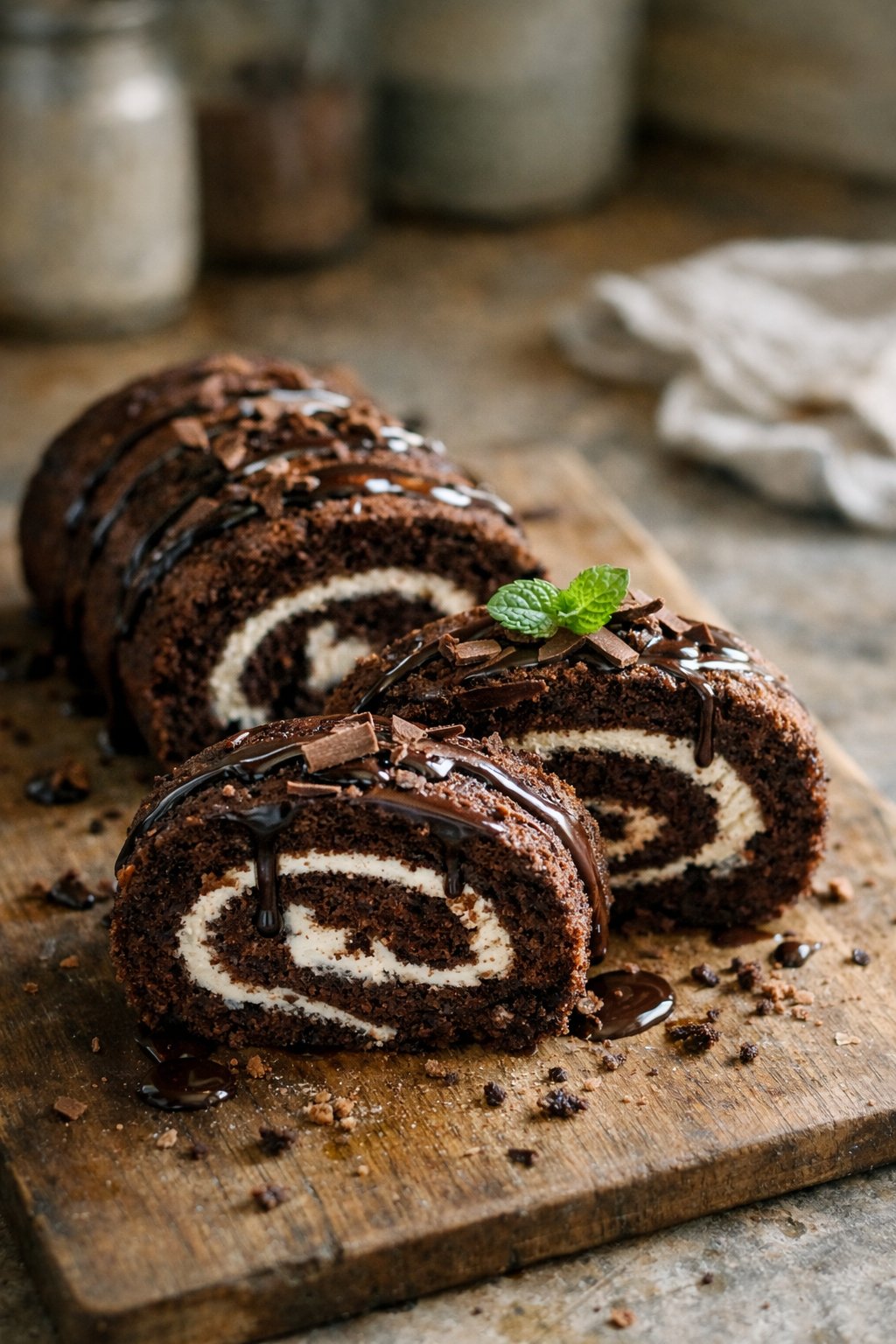 A triple chocolate roll cake on a wooden surface in a home kitchen, with crumbs and chocolate sauce drips visible, softly lit by window light from the side.