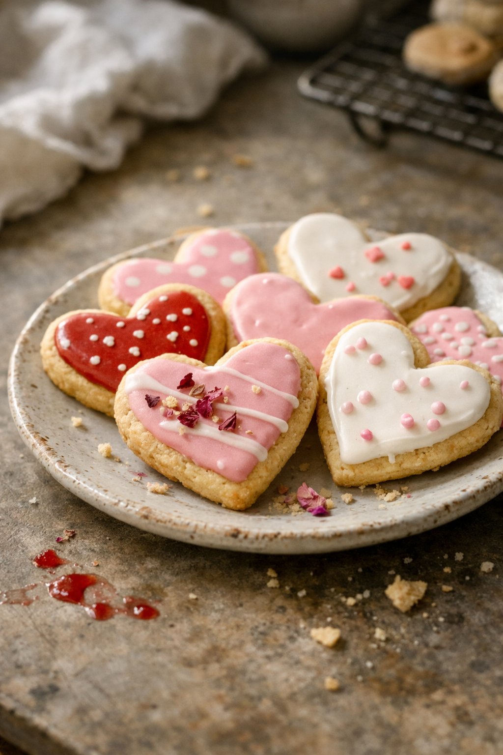 Heart-shaped sugar cookies with royal icing on a worn wooden or stone surface in a home kitchen, with crumbs and small imperfections visible.