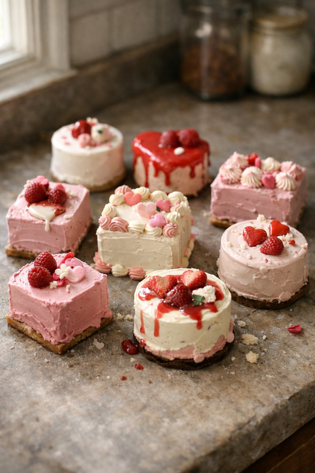 Eight small Valentine’s Day bento cakes arranged on a worn wooden surface in a home kitchen with natural light coming from the side.