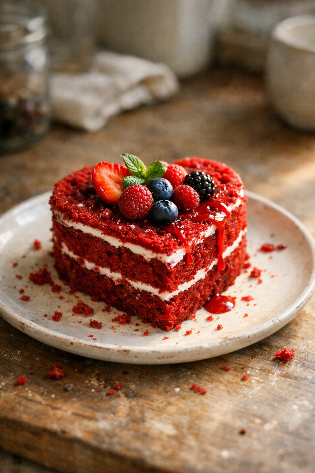 Heart-shaped red velvet cake on a worn wooden surface in a home kitchen, with crumbs and sauce drips visible.