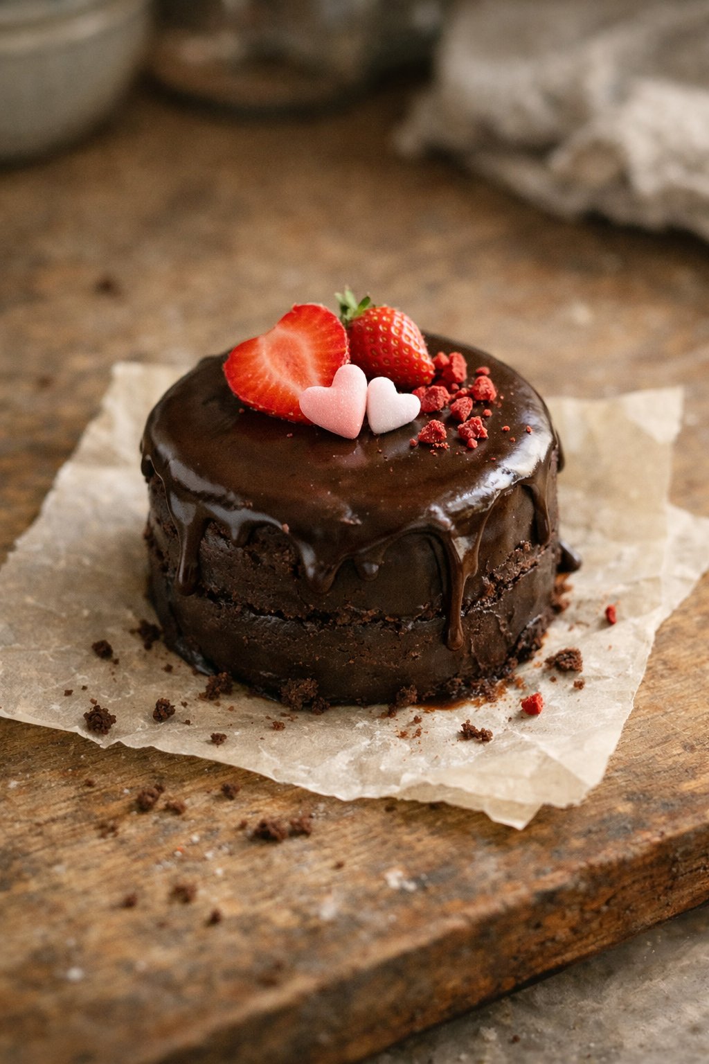 A small chocolate ganache mini cake on a worn wooden surface with crumbs and sauce drips, lit by soft window light in a home kitchen.