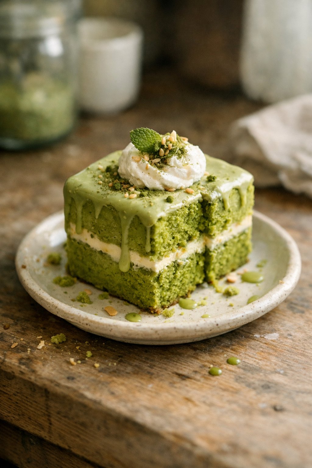 A casually plated Matcha Green Tea Bento Cake on a worn wooden surface in a home kitchen, with natural light and small imperfections like crumbs and sauce drips visible.