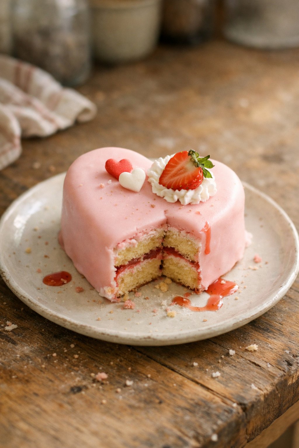 A fondant topped heart-shaped bento cake on a worn wooden surface in a home kitchen, with crumbs and sauce drips visible around it.