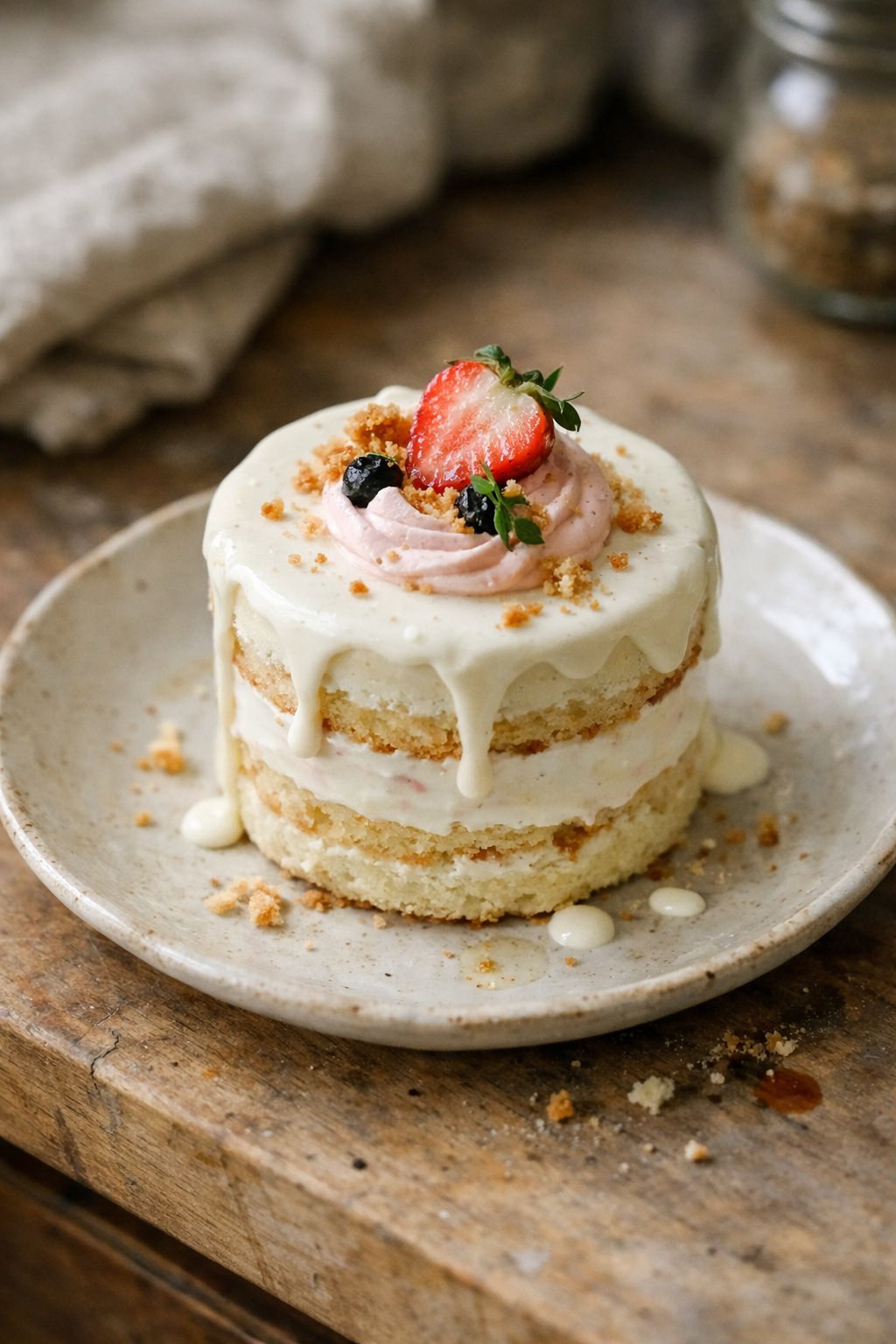 A Korean-inspired mini layered bento cake on a worn wooden surface with crumbs and sauce drips, softly lit by window light in a home kitchen.
