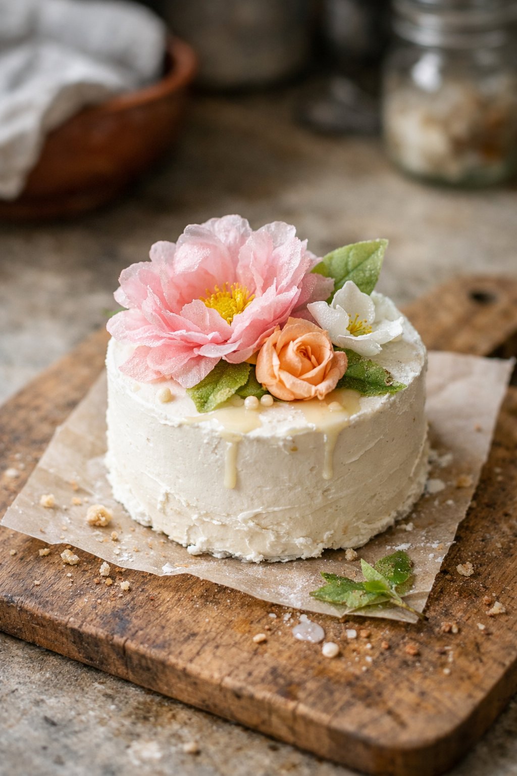 A homemade edible wafer paper flower bento cake on a worn wooden surface in a kitchen, with crumbs and sauce drips visible around it.