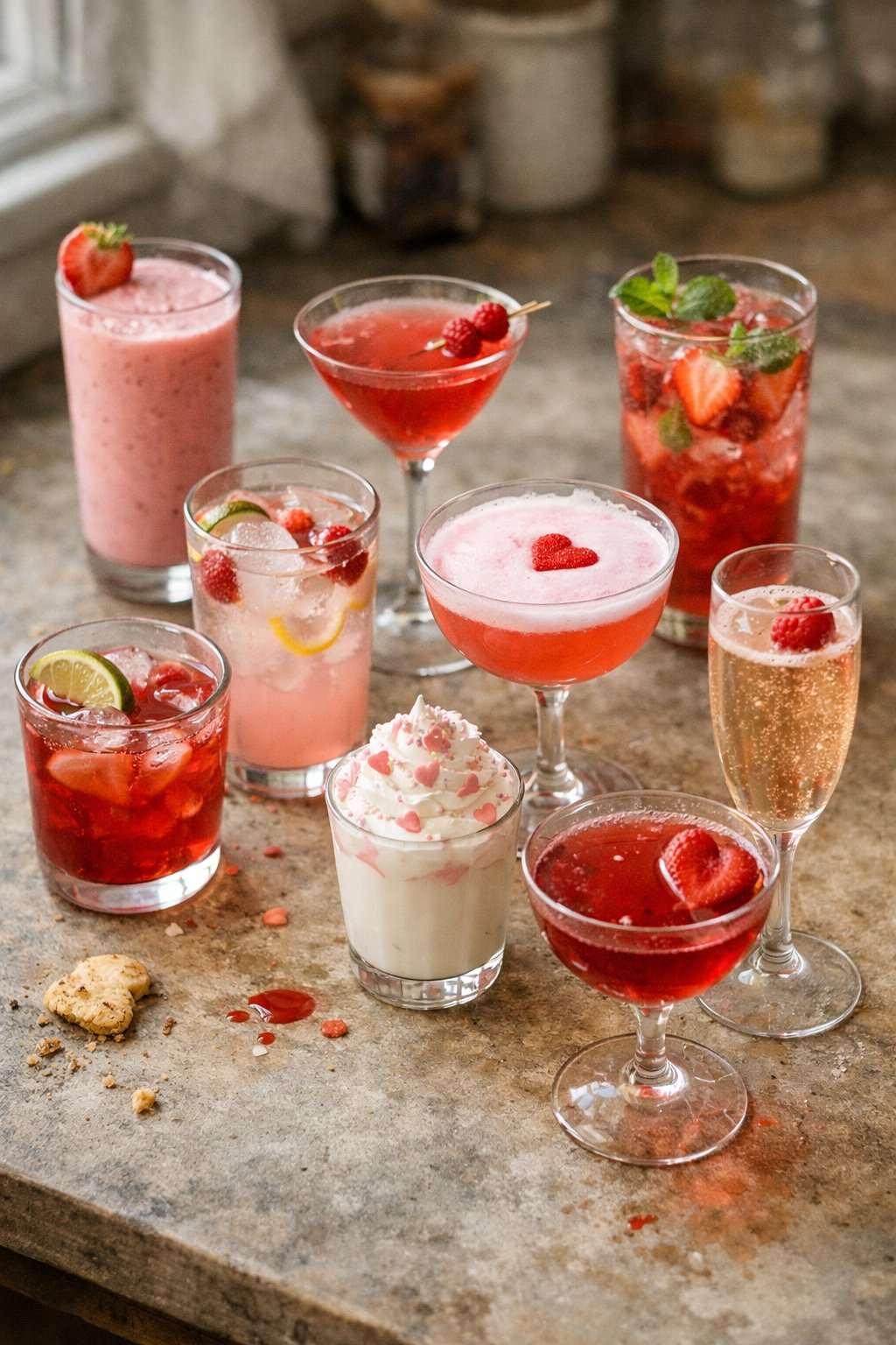 Nine Valentine's Day drinks arranged on a worn wooden surface in a home kitchen, with various glasses and garnishes visible.