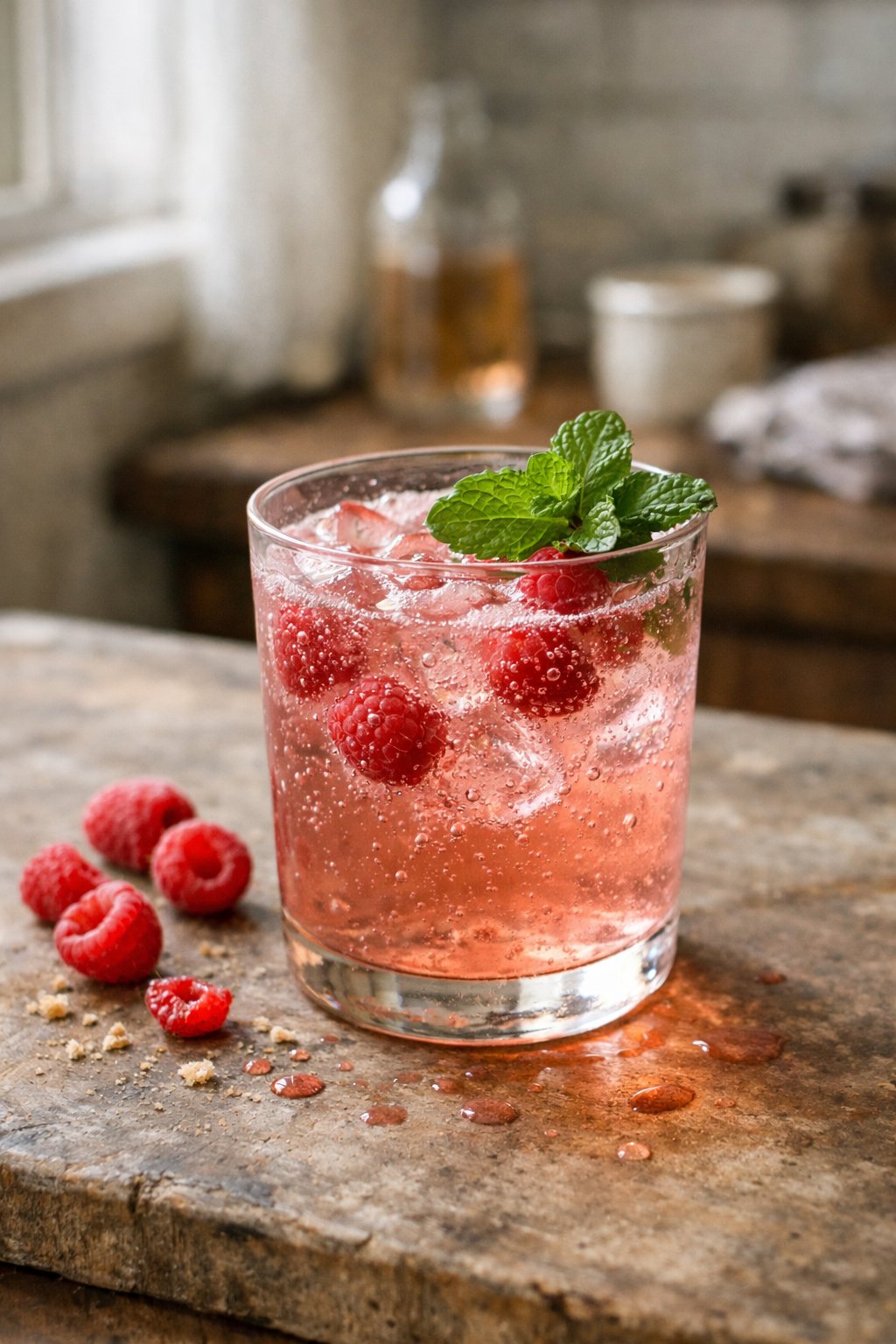 A glass of pink Raspberry Rosé Sparkler on a worn wooden surface with fresh raspberries and mint garnish in a home kitchen.