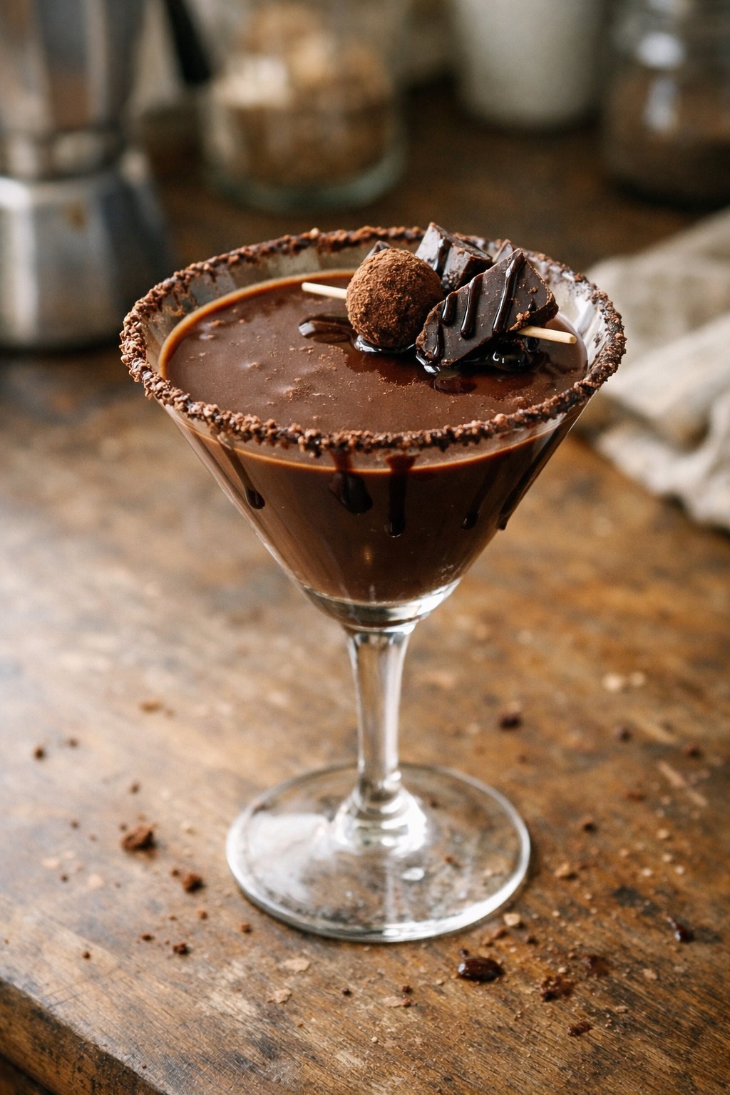 A Chocolate Truffle Martini on a worn wooden surface in a home kitchen, softly lit by window light with crumbs and light sauce drips nearby.