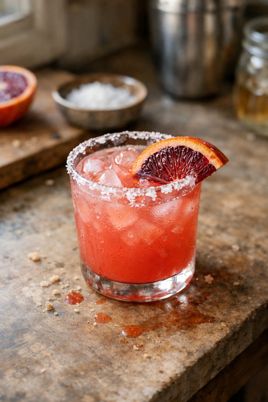 A Blood Orange Margarita on a worn wooden surface in a home kitchen, with a blood orange slice garnish and small crumbs nearby.
