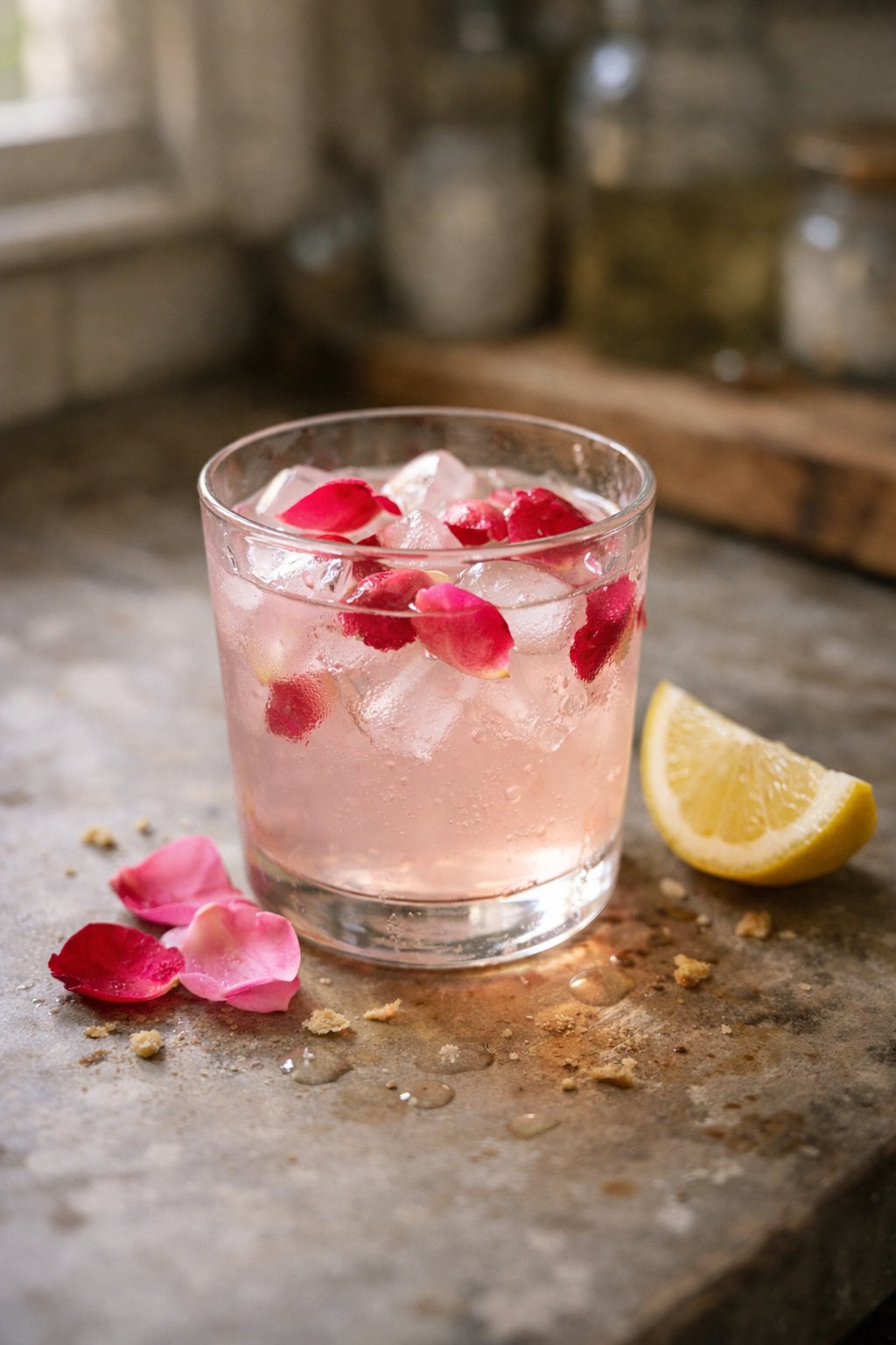 A glass of Rose Petal Vodka Lemonade on a worn wooden surface in a home kitchen with rose petal garnish and a lemon wedge.