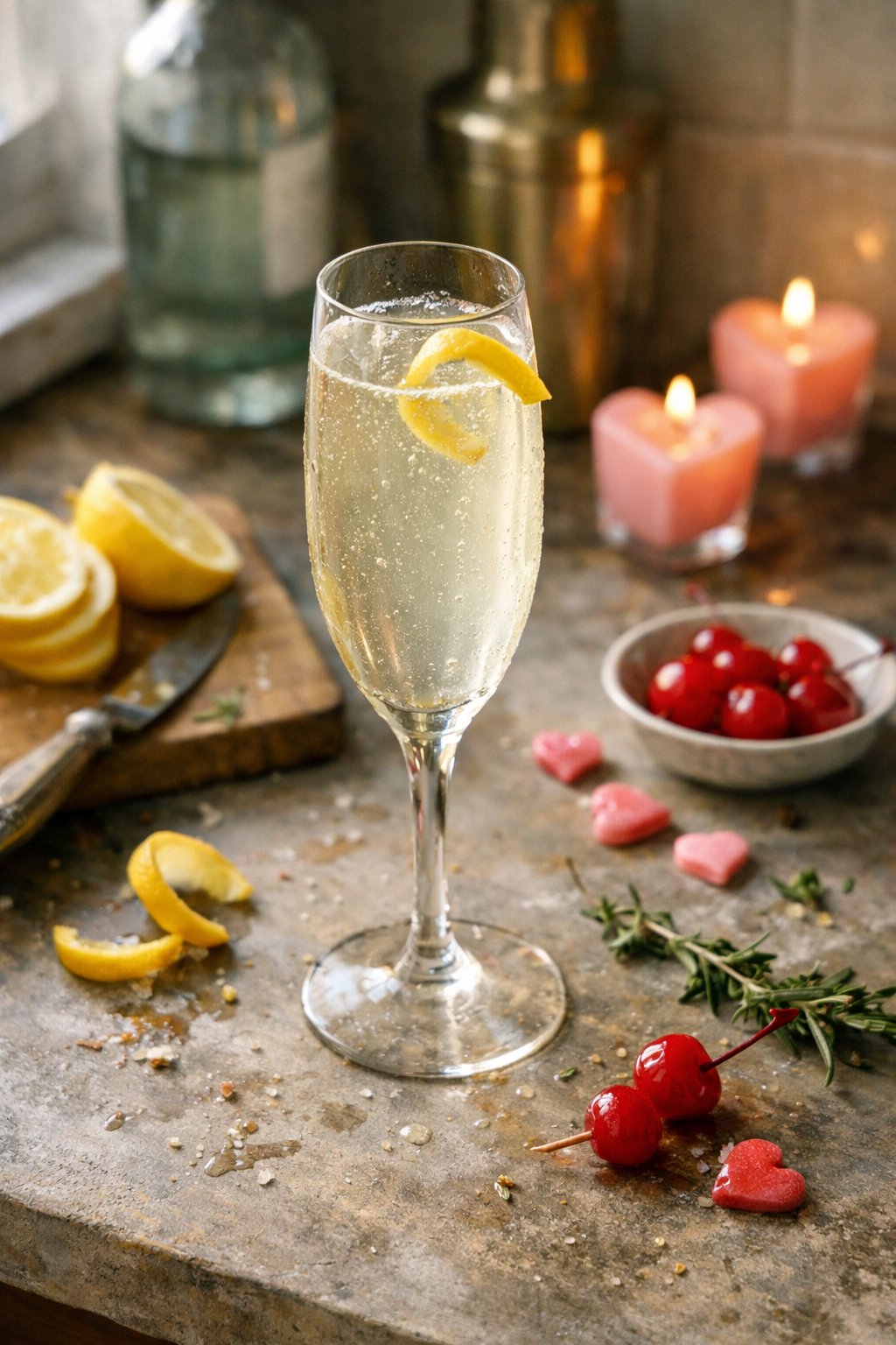 A Classic French 75 cocktail on a worn wooden surface in a home kitchen, surrounded by citrus garnishes and small crumbs.