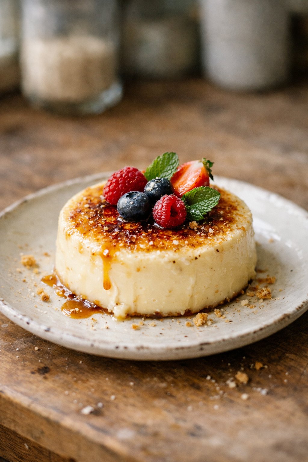 A creamy white chocolate brûlée dessert on a plate placed on a worn wooden surface in a home kitchen, softly lit by natural window light from the side.