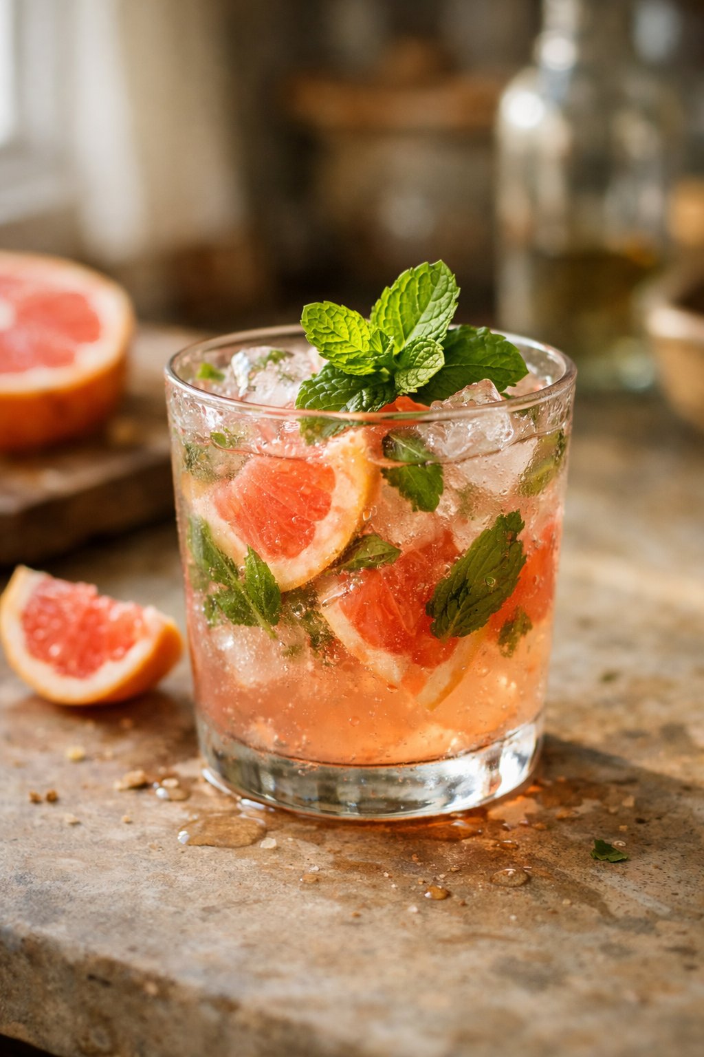A pink grapefruit mojito cocktail in a clear glass with mint and grapefruit slices on a worn wooden surface in a home kitchen, softly lit by window light from the side.