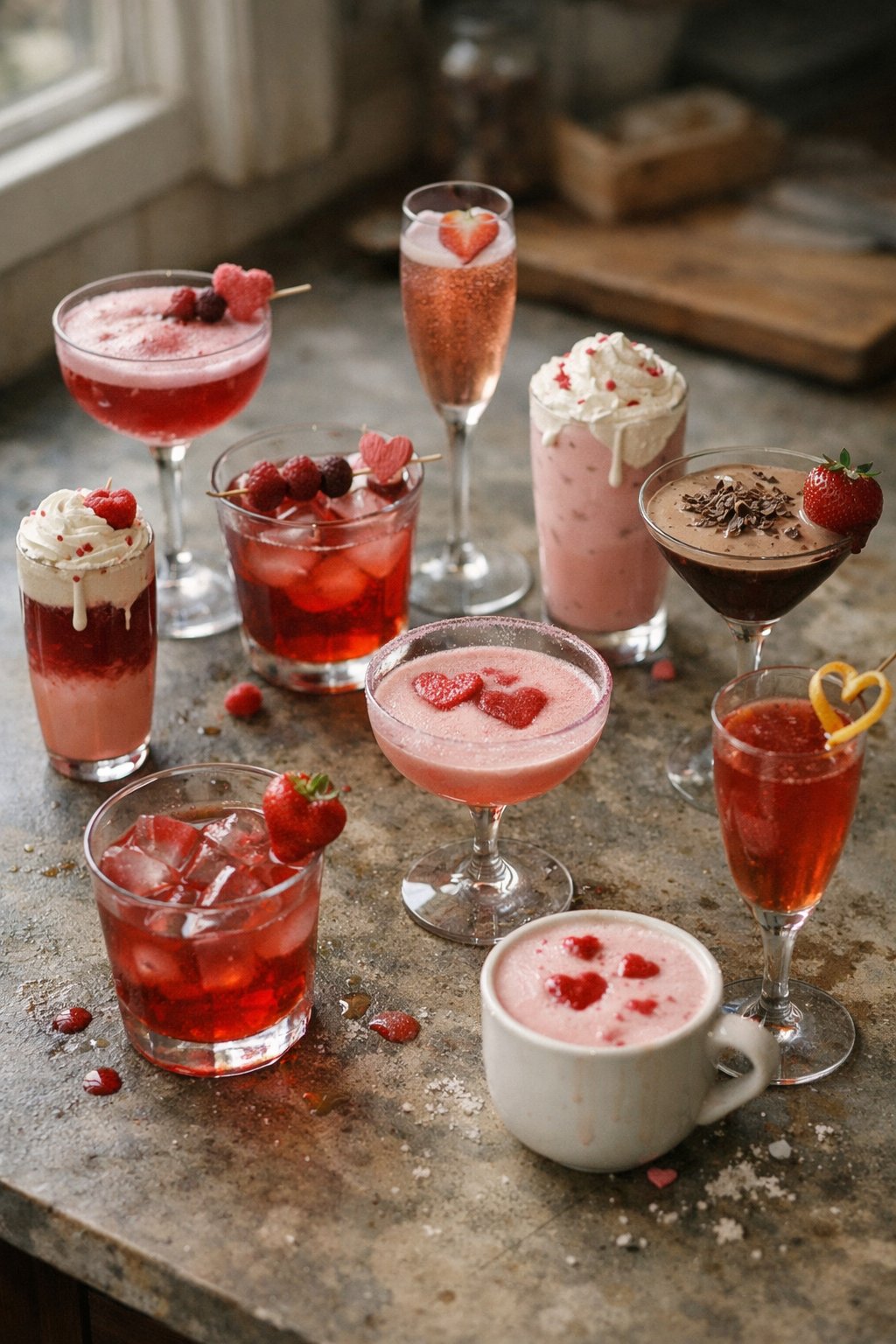 Ten Valentine's Day cocktails arranged on a worn wooden or stone surface in a home kitchen, lit by soft natural window light from the side.