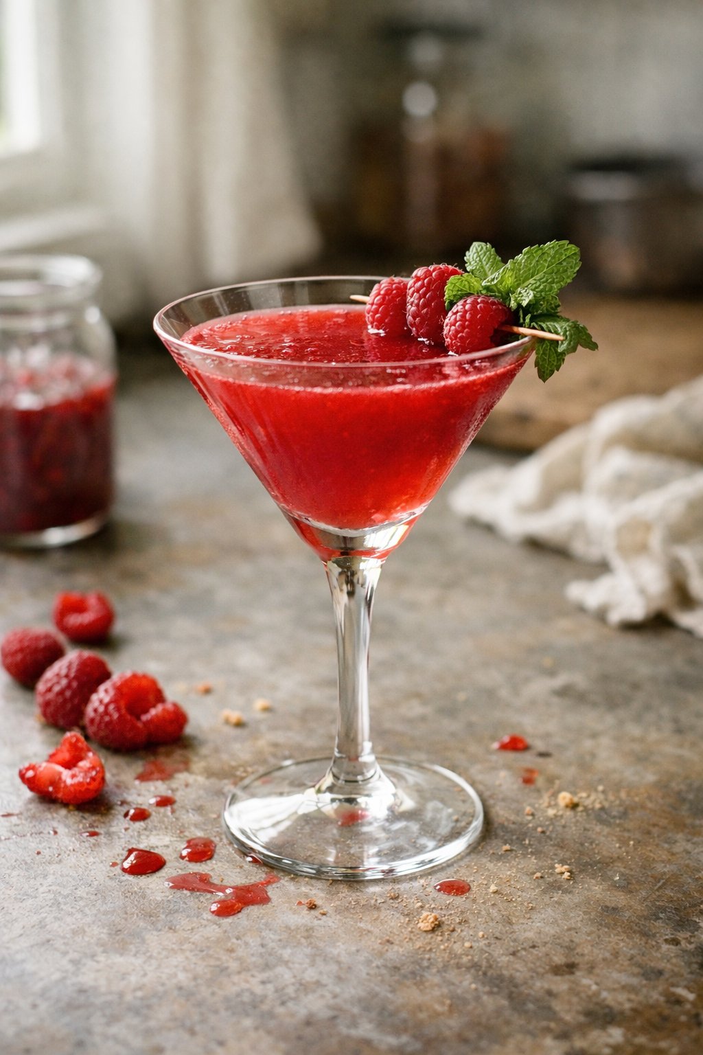 A classic raspberry martini cocktail on a worn wooden surface in a home kitchen, with fresh raspberries and mint garnish visible.