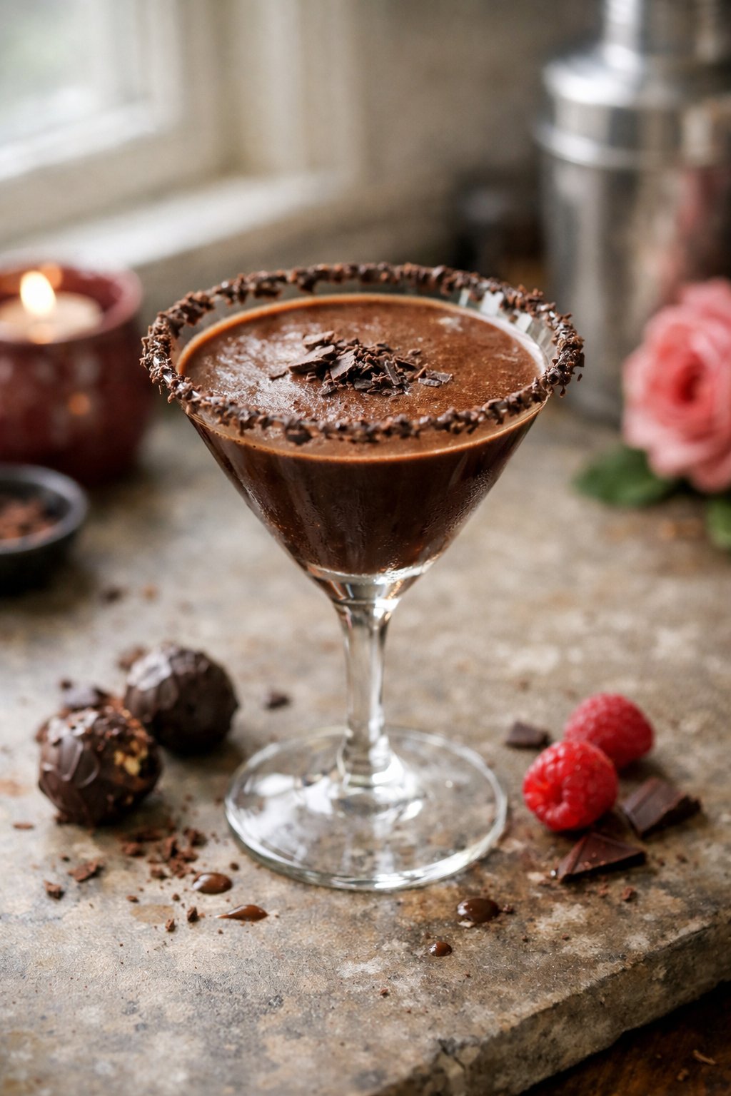 A Chocolate Truffle Martini cocktail on a worn wooden surface in a home kitchen, softly lit by window light with small crumbs and sauce drips nearby.
