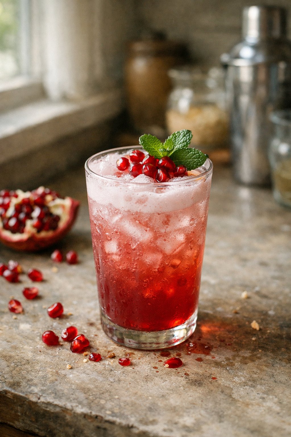 A glass of Pomegranate Gin Fizz cocktail on a worn wooden kitchen surface with scattered pomegranate seeds and a mint garnish, softly lit by window light from the side.