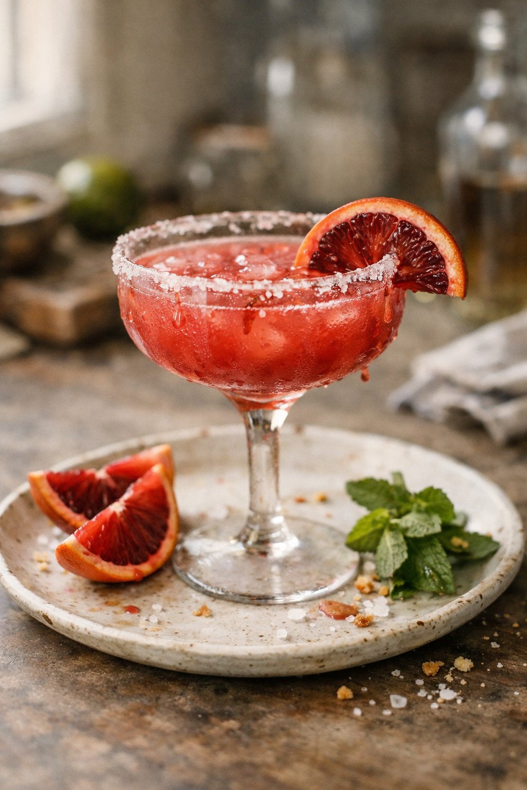 A blood orange margarita cocktail on a wooden surface in a home kitchen with natural light and garnishes around it.