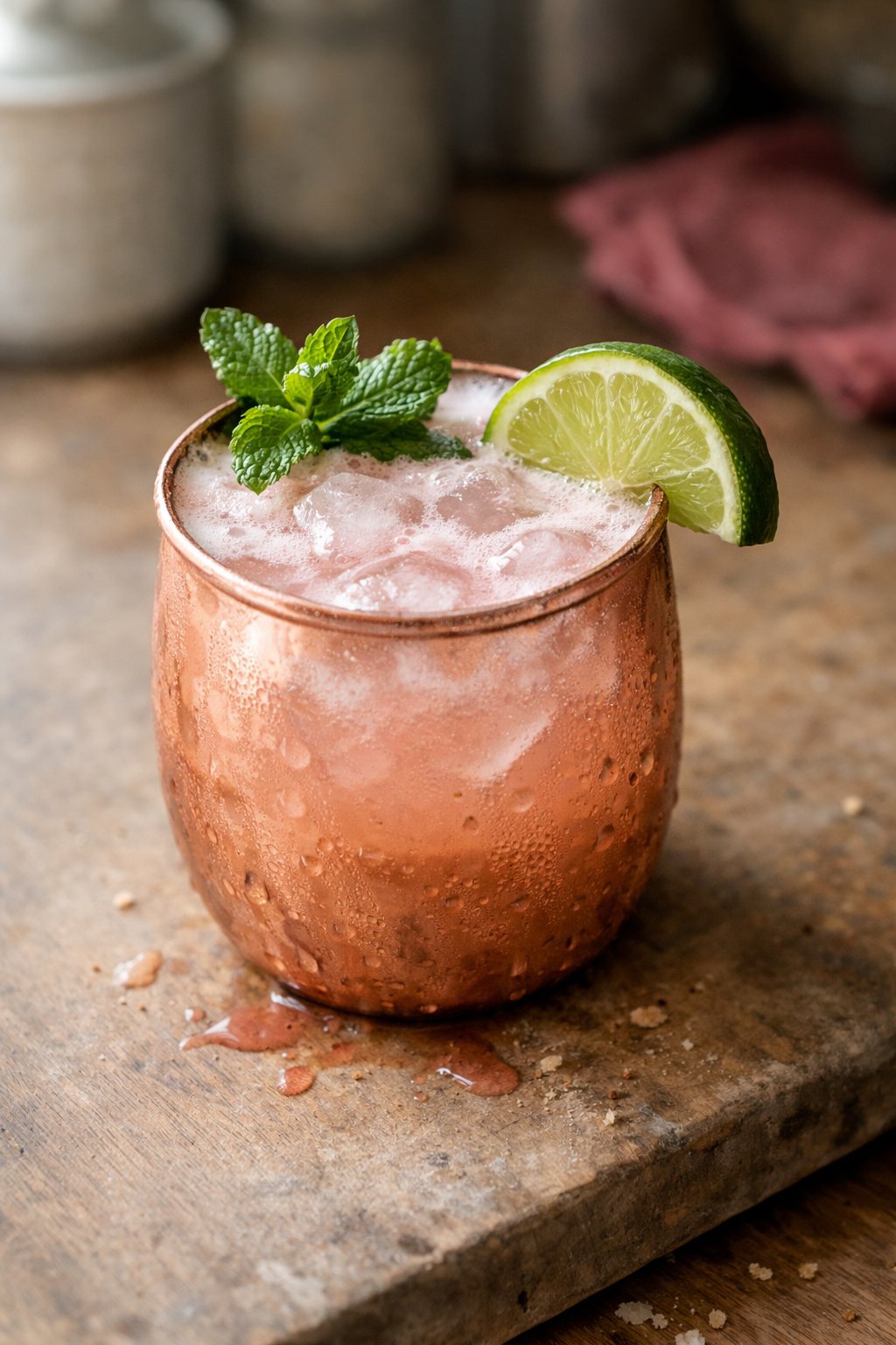 A pink cocktail in a glass garnished with mint and lime on a worn wooden surface in a home kitchen, softly lit by natural window light.