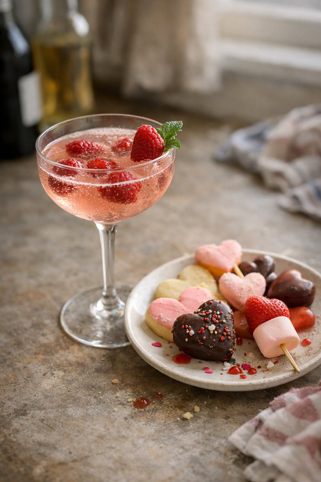 A Raspberry Champagne Cocktail and light snacks on a worn wooden surface in a home kitchen with natural light coming from the side.
