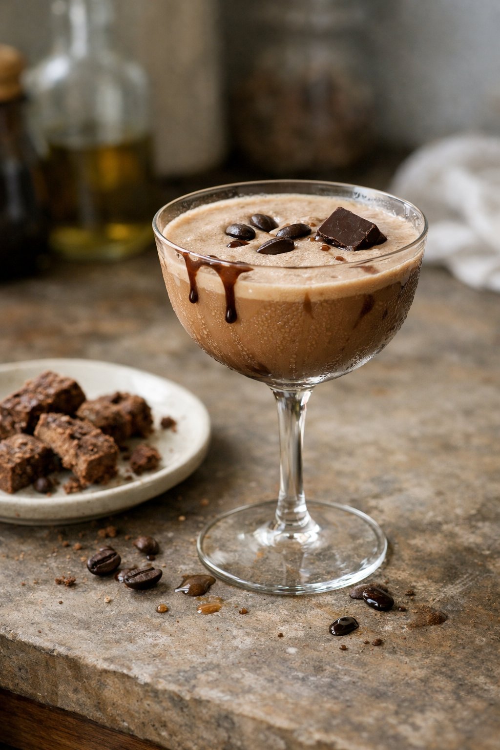 A creamy chocolate espresso martini cocktail on a worn kitchen surface with small crumbs and garnish, softly lit by window light from the side.