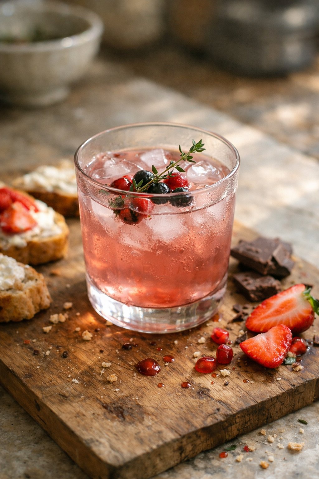 A glass of pink Valentine's Day cocktail with fresh herb garnish on a worn wooden surface, surrounded by small snacks and crumbs in a cozy kitchen.