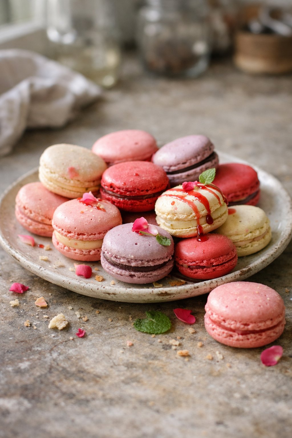 A plate of assorted pastel-colored macarons on a worn wooden surface in a home kitchen, softly lit by natural window light from the side.