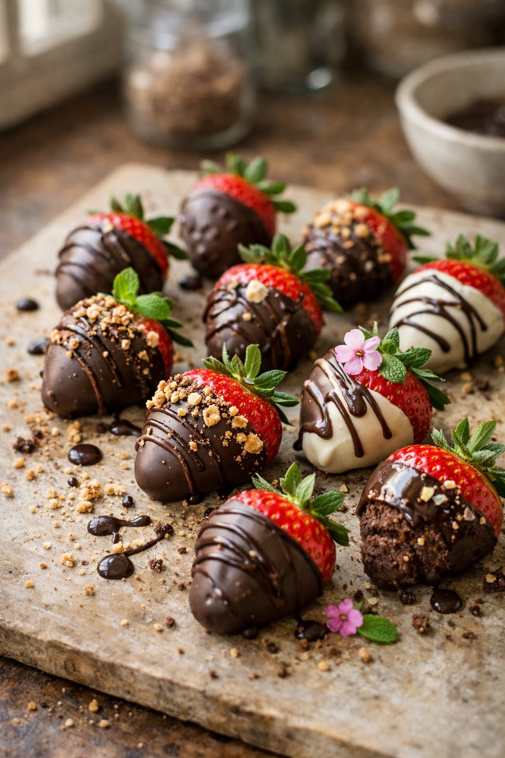 A plate of chocolate-covered strawberries on a worn wooden surface in a home kitchen, with natural light and small imperfections like crumbs and sauce drips.