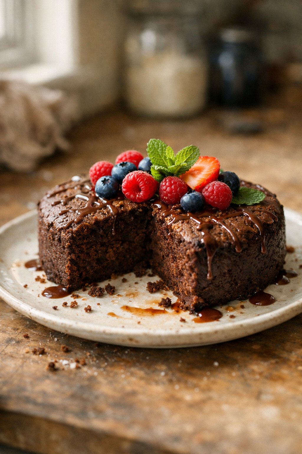A slice of almond flour chocolate cake on a plate with fresh berries and mint, placed on a worn wooden surface in a home kitchen with natural light coming from the side.