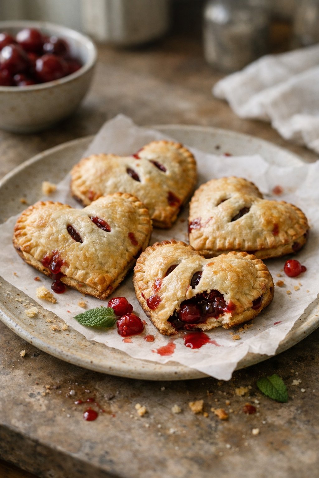Heart-shaped cherry hand pies on a worn wooden surface in a home kitchen, with crumbs and sauce drips nearby.