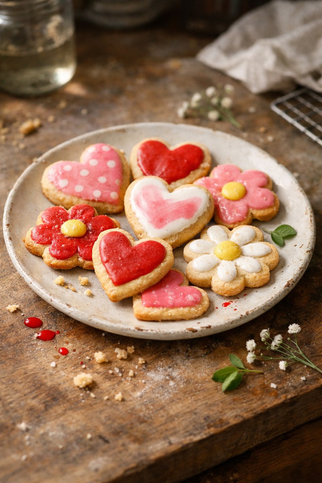 A plate of painted sugar cookies decorated with Valentine’s Day designs on a worn wooden surface in a home kitchen, with natural light and some crumbs scattered around.