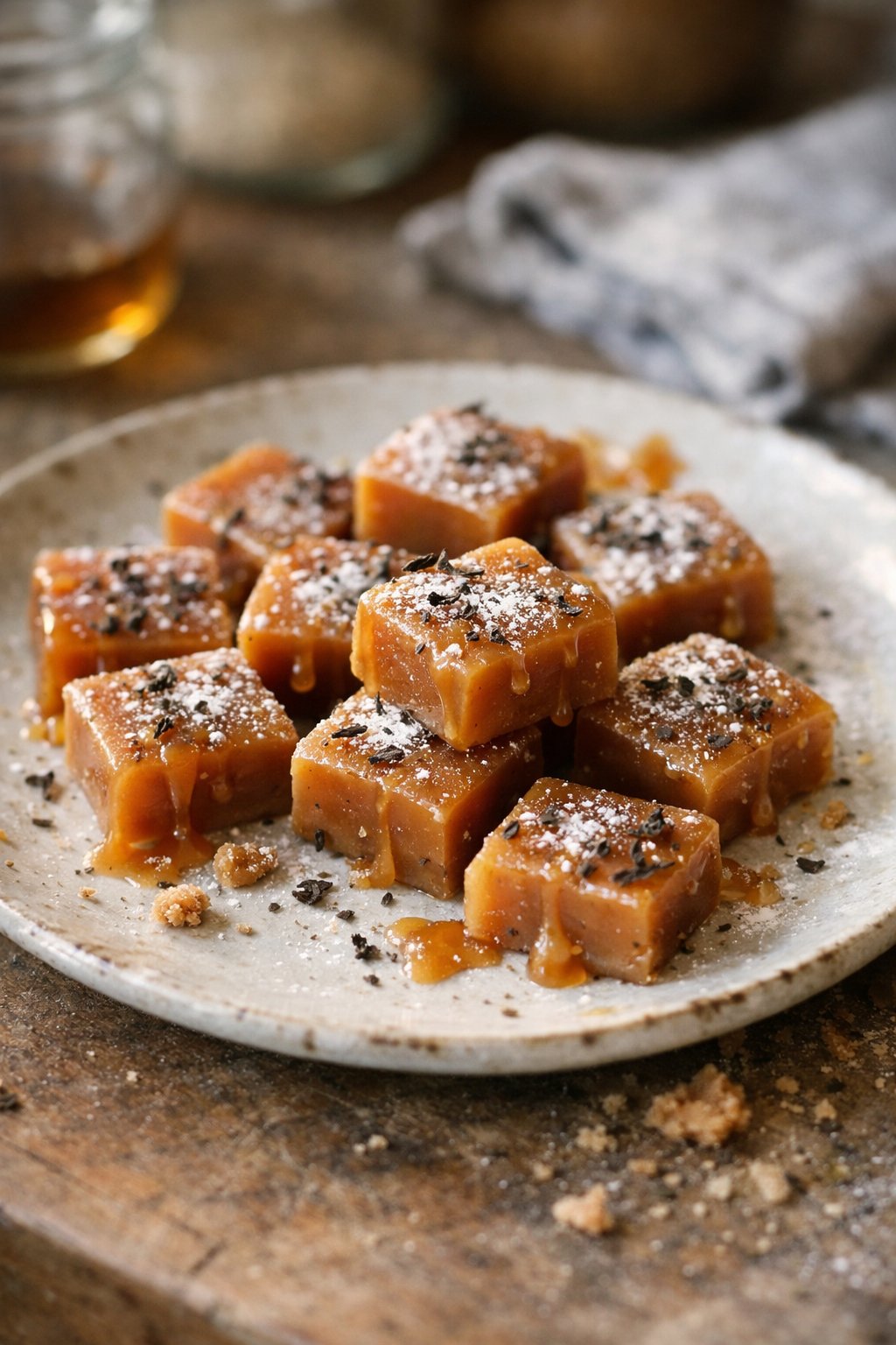 A plate of soft Earl Grey caramels on a worn wooden surface in a home kitchen, lit by window light from the side with some crumbs and sauce drips visible.