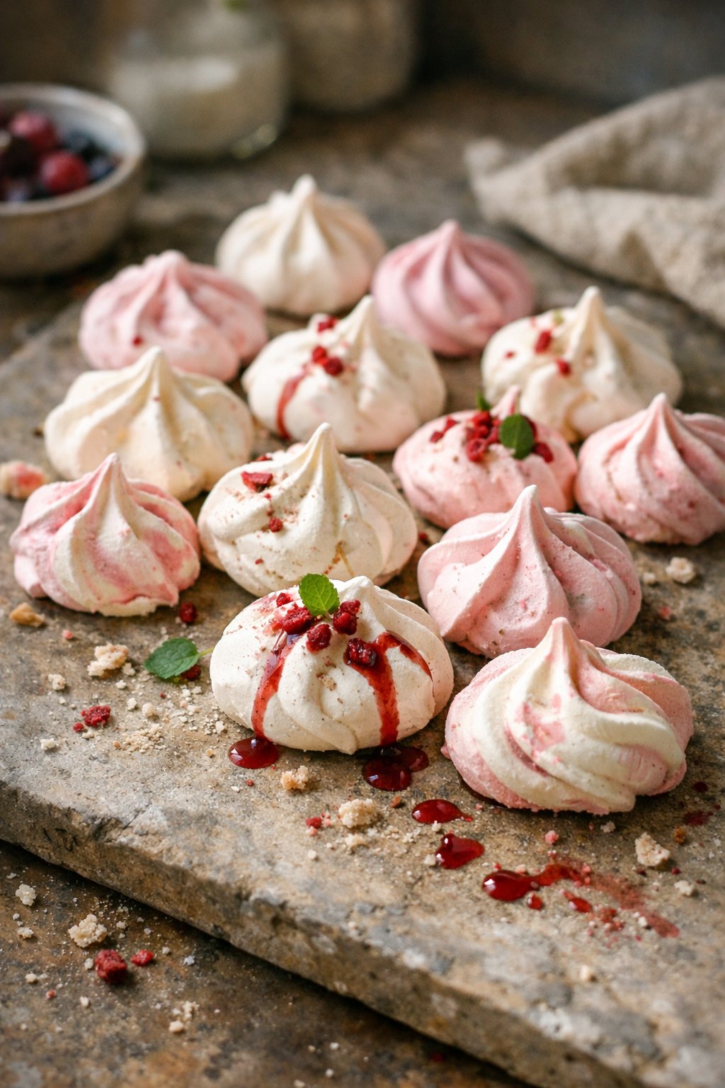 A close-up of meringue kisses casually arranged on a worn wooden surface in a home kitchen with soft natural light from the side.