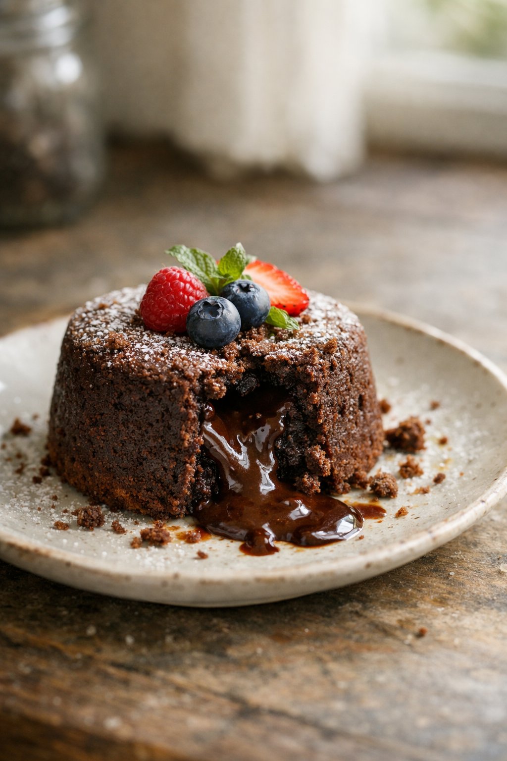 A chocolate lava cake with molten center on a rustic wooden surface in a home kitchen, surrounded by scattered crumbs and fresh berries.