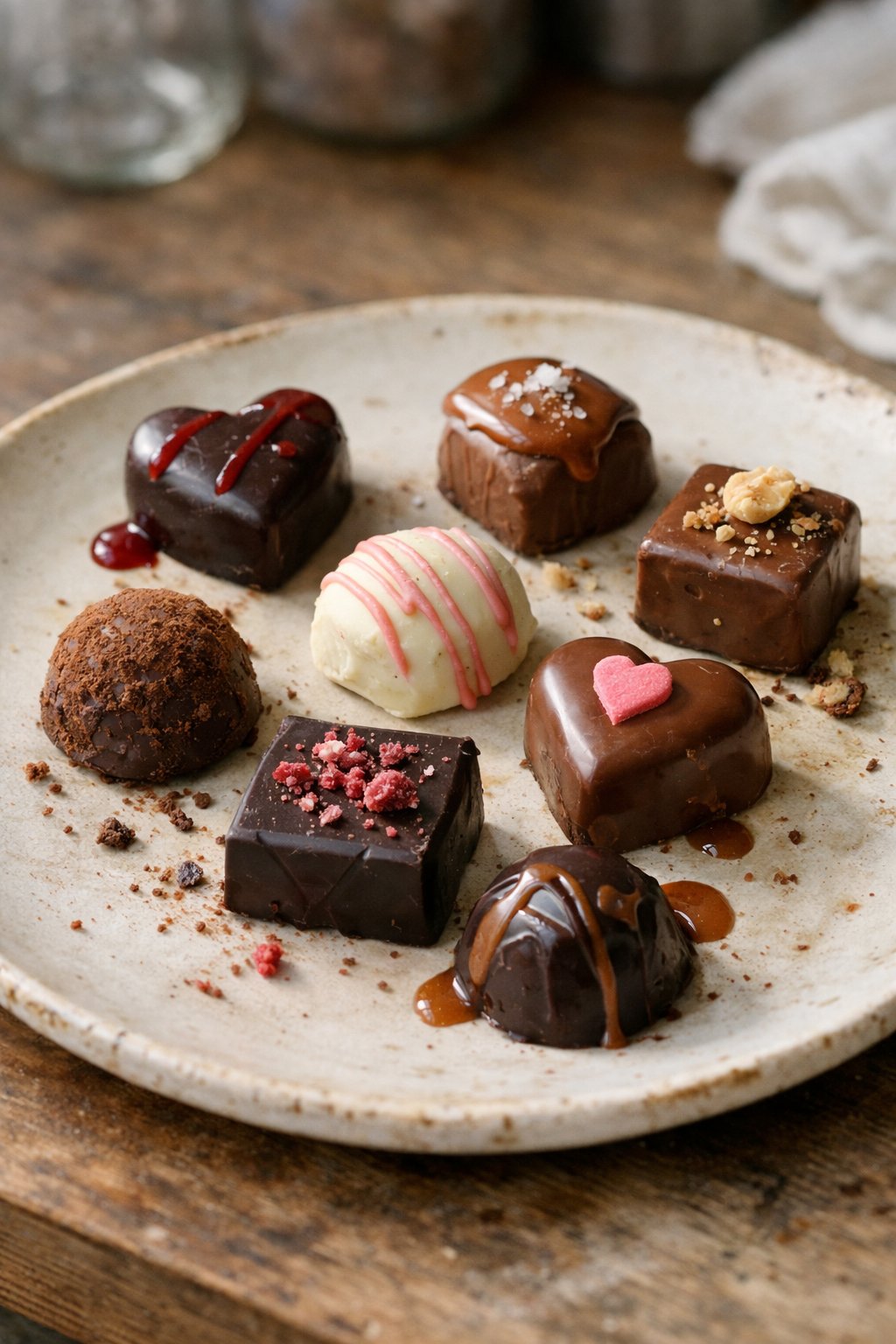 Eight Valentine's Day chocolates arranged on a worn wooden or stone surface in a home kitchen setting.
