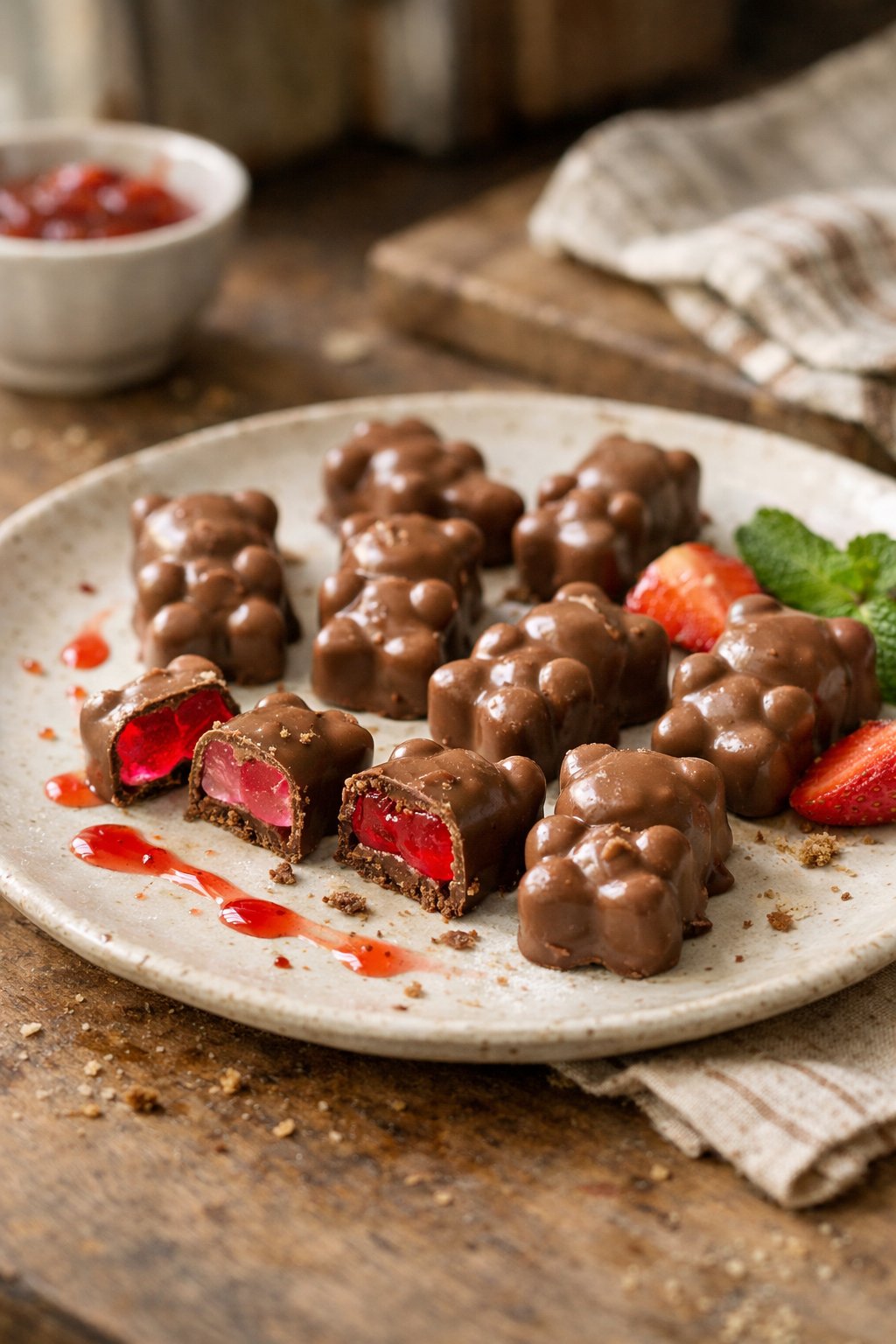 A plate of Albanese Milk Chocolate Valentine’s Gummi Bears on a worn wooden surface in a kitchen, softly lit by natural window light from the side.
