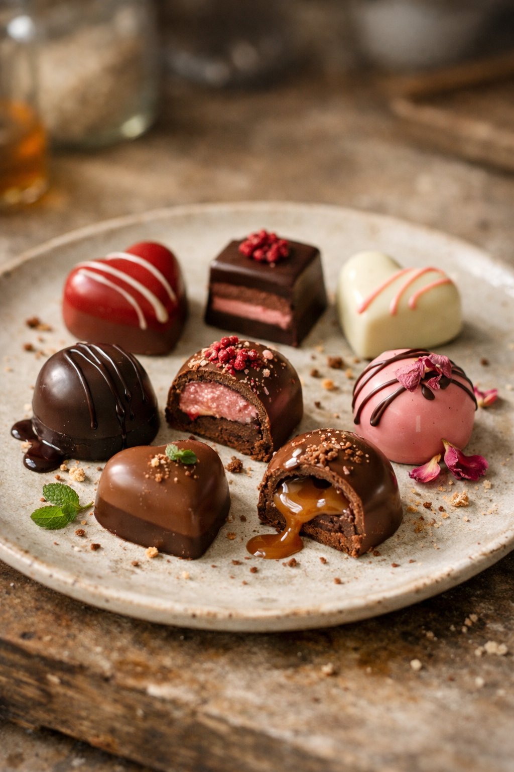 A plate of assorted Valentine's Day chocolates on a worn wooden surface in a home kitchen with soft natural light coming from the side.