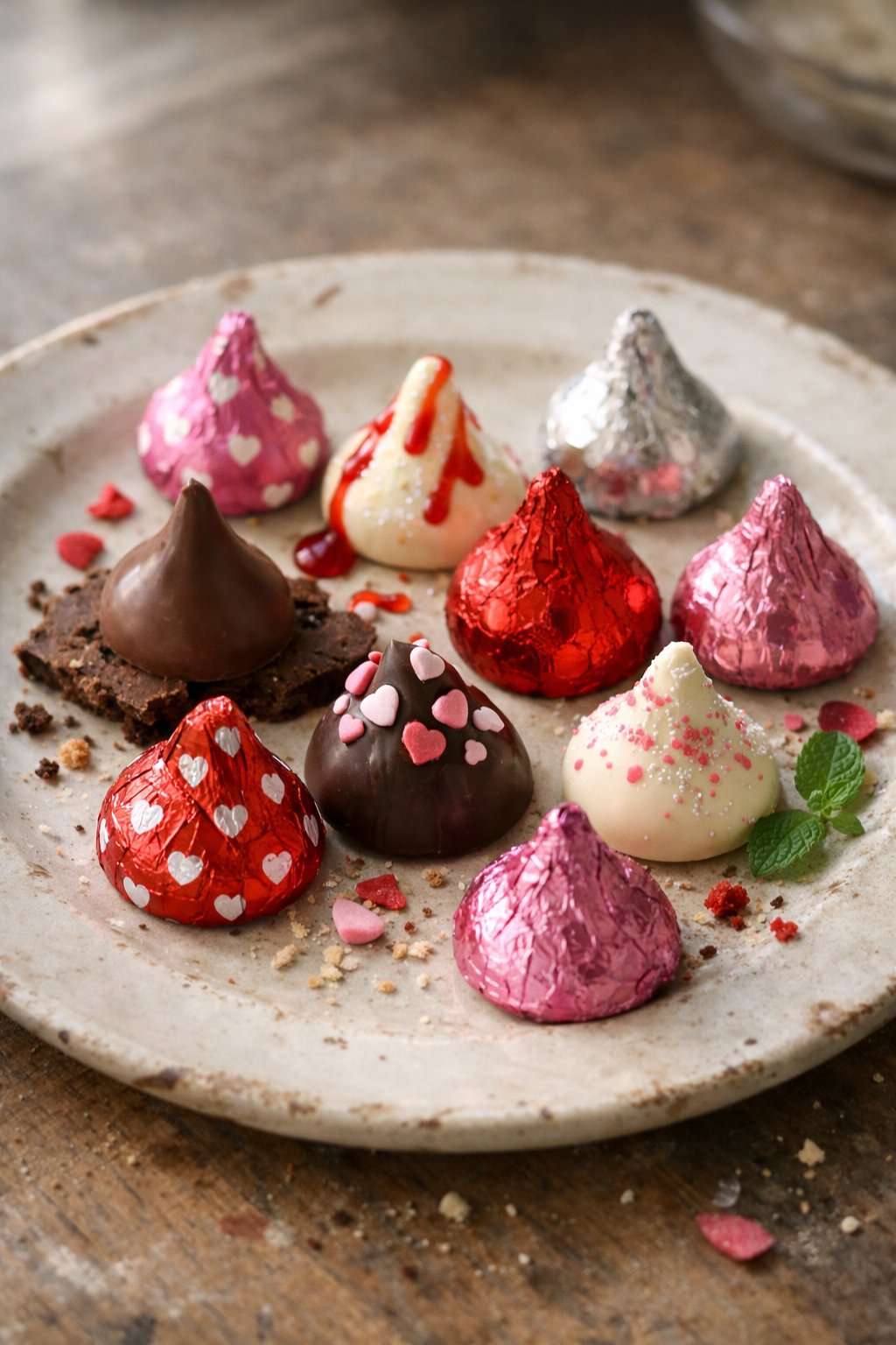 A casual arrangement of eight Valentine's Day Hershey’s Kisses chocolates on a worn wooden surface in a home kitchen, softly lit by window light from the side.