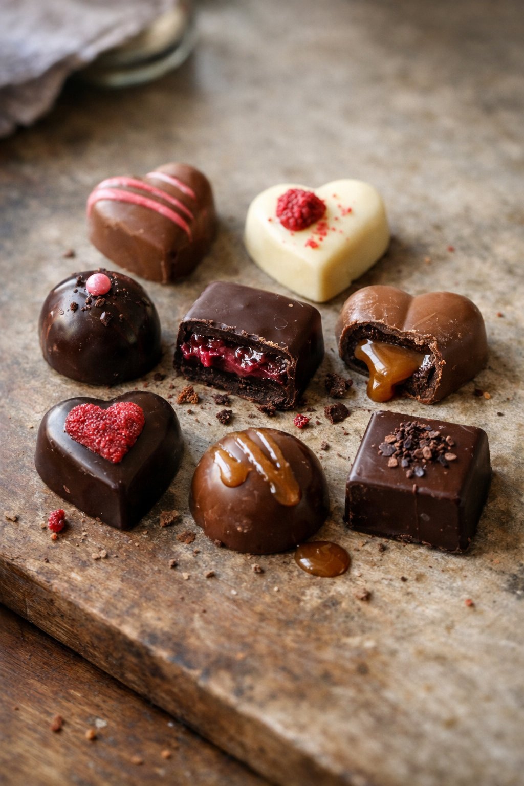 A close-up of eight assorted Valentine's Day chocolates casually arranged on a worn wooden surface in a home kitchen with soft natural light coming from the side.