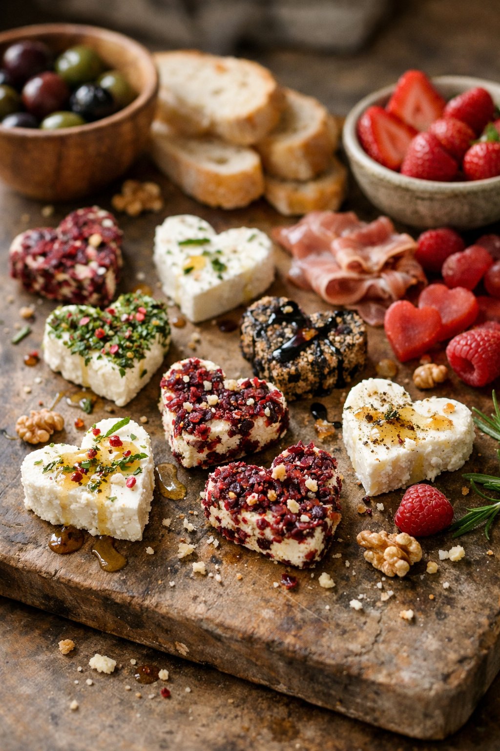Heart-shaped goat cheese bites arranged on a wooden surface in a home kitchen with natural light coming from the side.