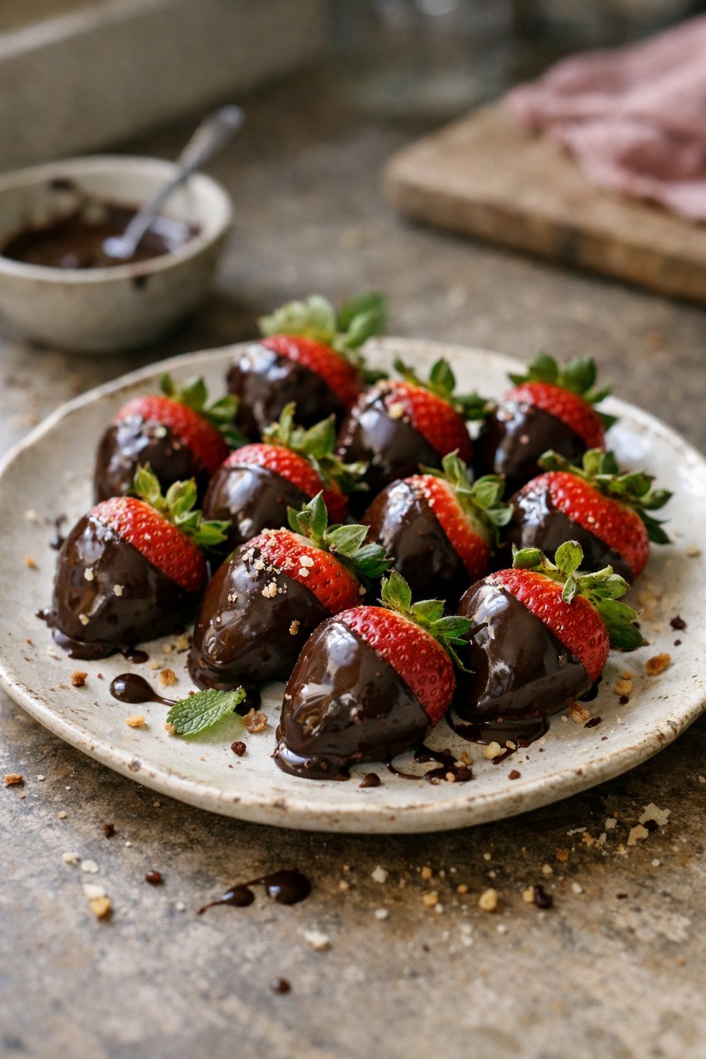 A plate of strawberries dipped in dark chocolate on a worn wooden or stone surface in a home kitchen, with natural light coming from the side.