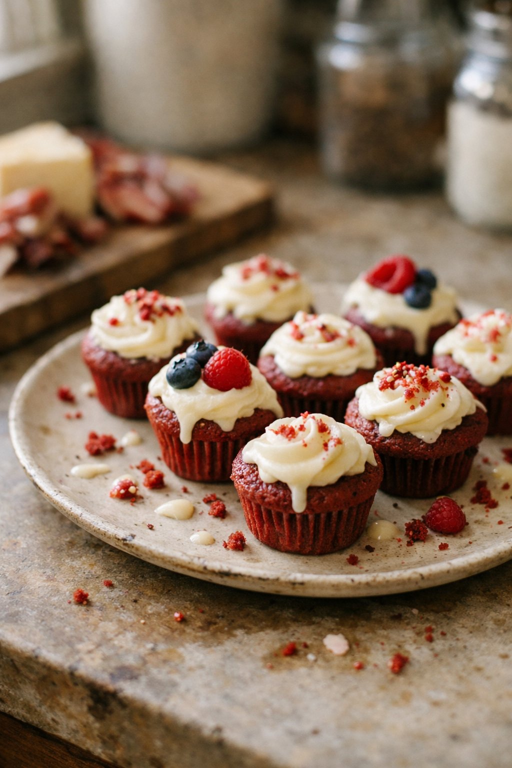 Mini red velvet cupcakes on a worn wooden surface in a home kitchen, with natural light and a softly blurred background.