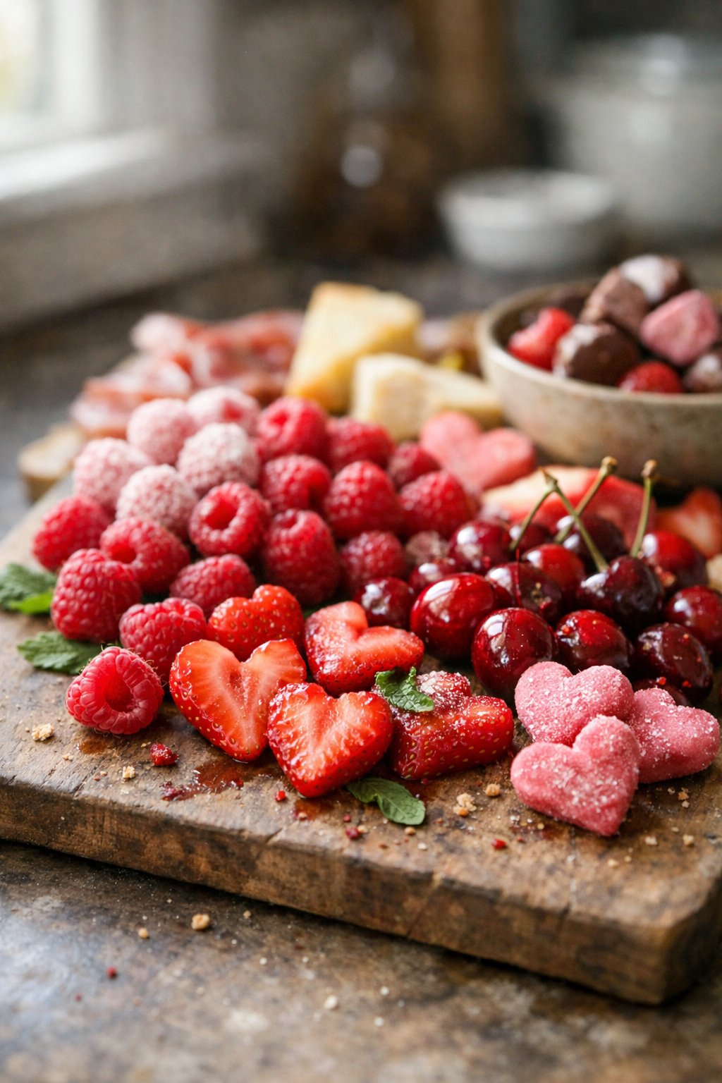 A casual arrangement of pink and red berries on a rustic wooden or stone surface in a home kitchen, softly lit by natural window light from the side.