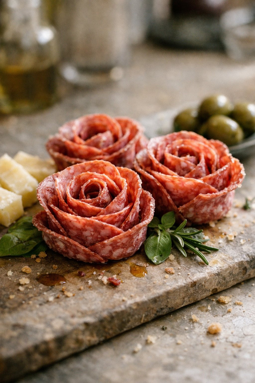 Salami slices arranged as roses on a worn wooden or stone surface in a home kitchen setting.
