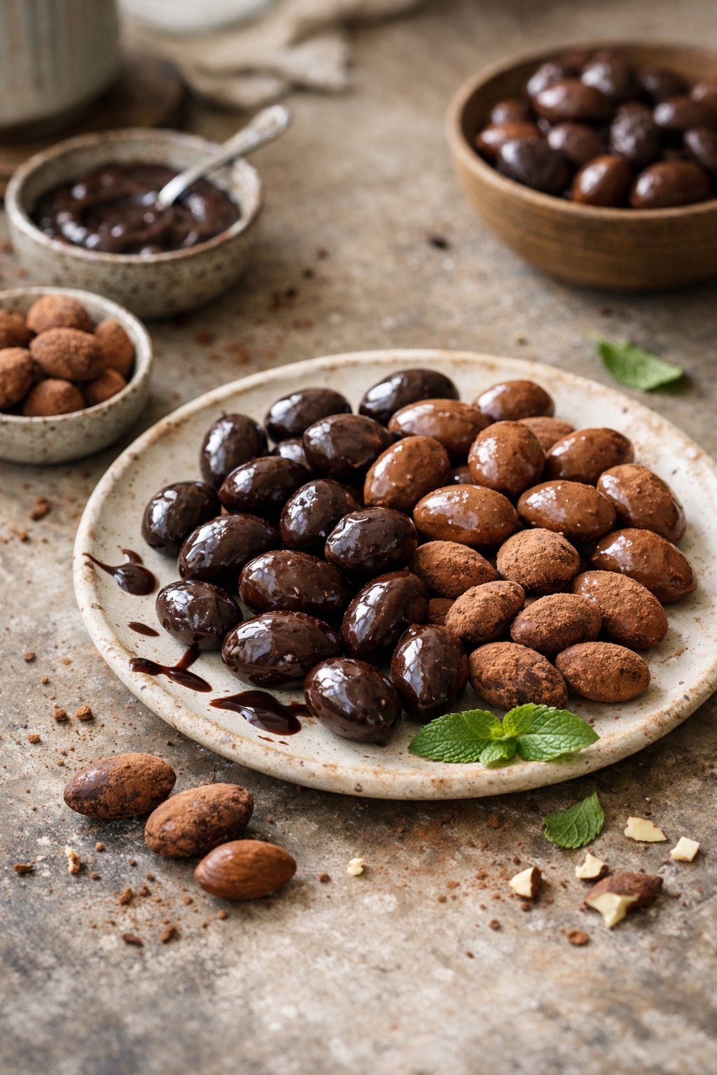 A plate of chocolate-covered almonds on a worn wooden surface in a home kitchen, with natural light coming from the side.