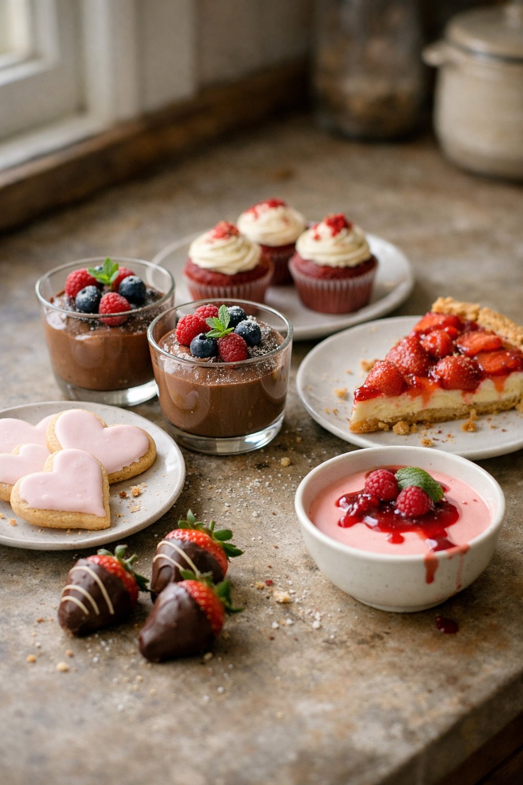 Six Valentine's Day desserts arranged on a worn wooden surface in a home kitchen, including heart-shaped cookies, chocolate mousse cups, red velvet cupcakes, strawberry tart, panna cotta, and chocolate-covered strawberries.