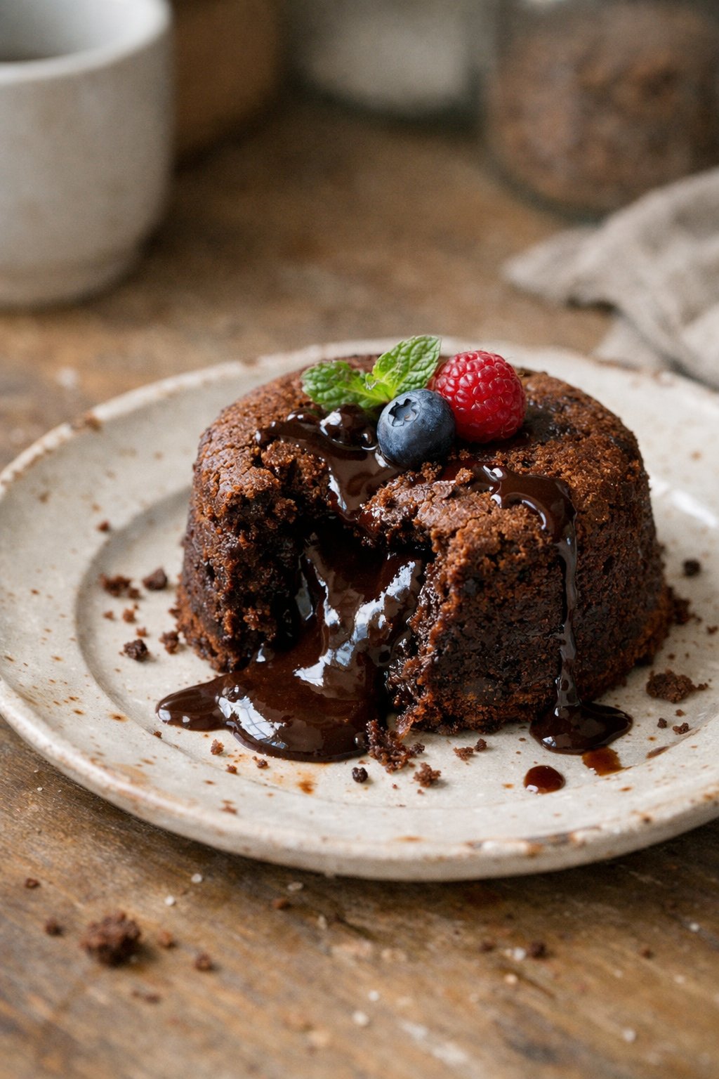 A chocolate lava cake on a worn wooden surface with crumbs and chocolate sauce drips, softly lit by window light in a home kitchen.