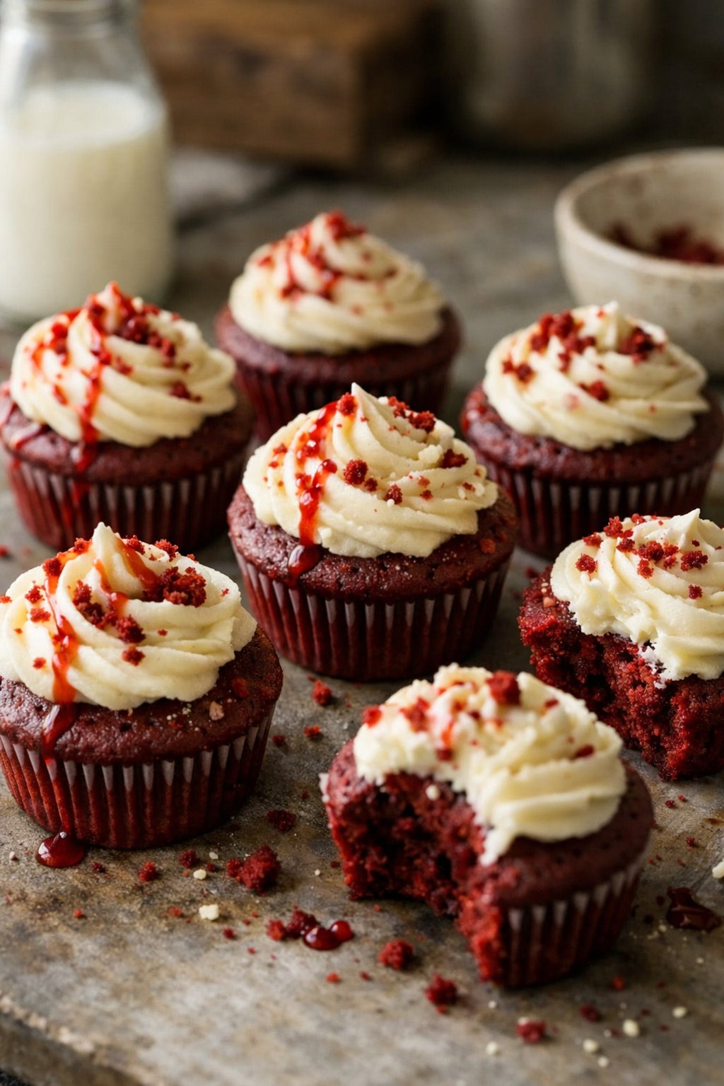 Red velvet cupcakes on a worn wooden surface in a home kitchen with natural light and a blurred background.