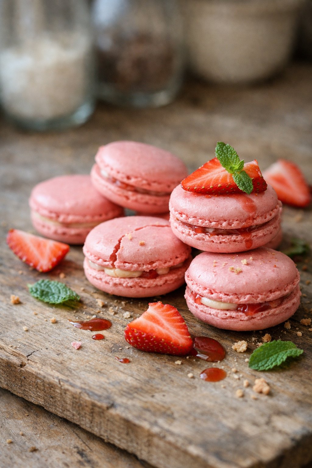 A plate of strawberry macarons on a worn wooden surface in a home kitchen, softly lit by window light with some crumbs and sauce drips around.